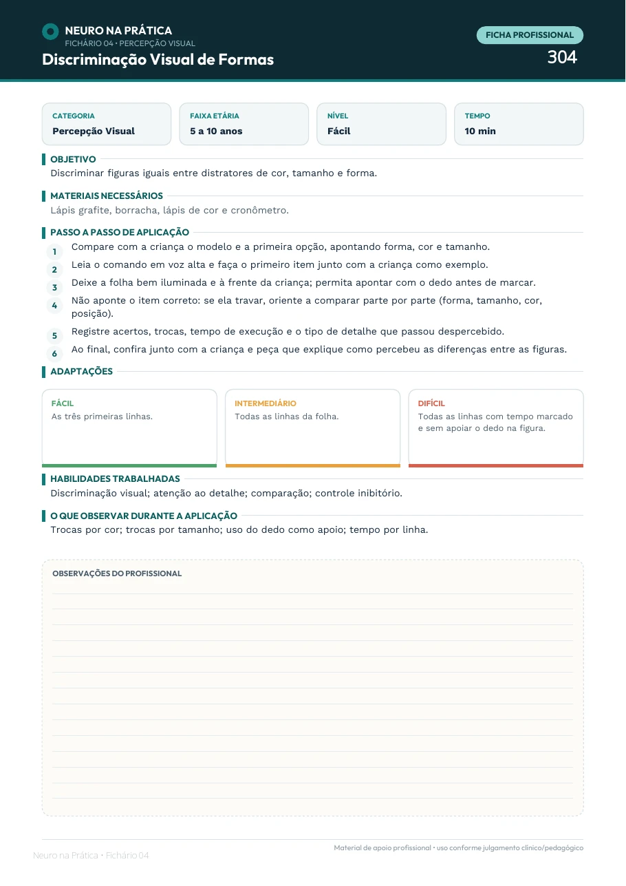 Ficha profissional do Neuro na Prática com objetivo, passo a passo de aplicação, adaptações e observações