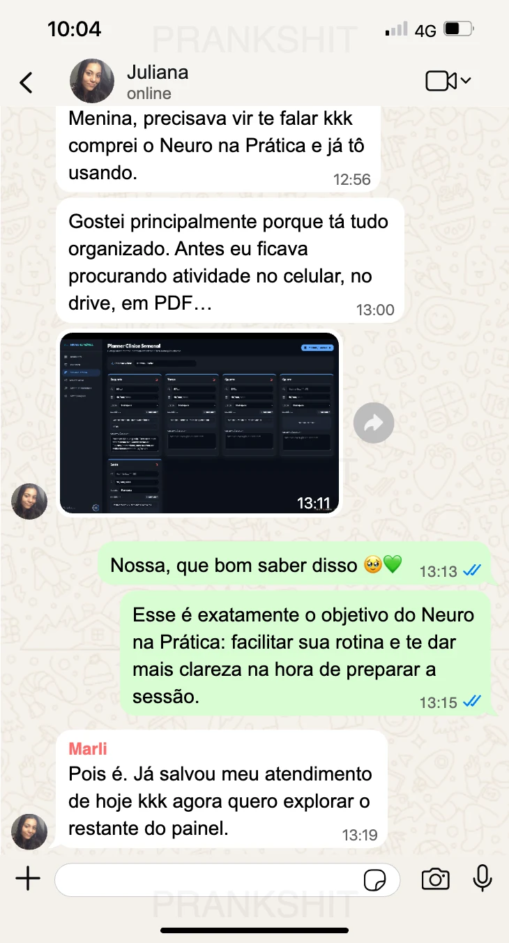 Conversa de profissional elogiando a organização do Neuro na Prática